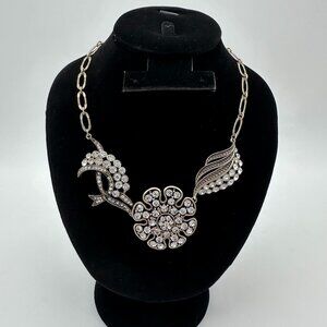 Allison Reed Gold Tone Crystal Rhinestone Flower Leaf Ribbon Statement Necklace